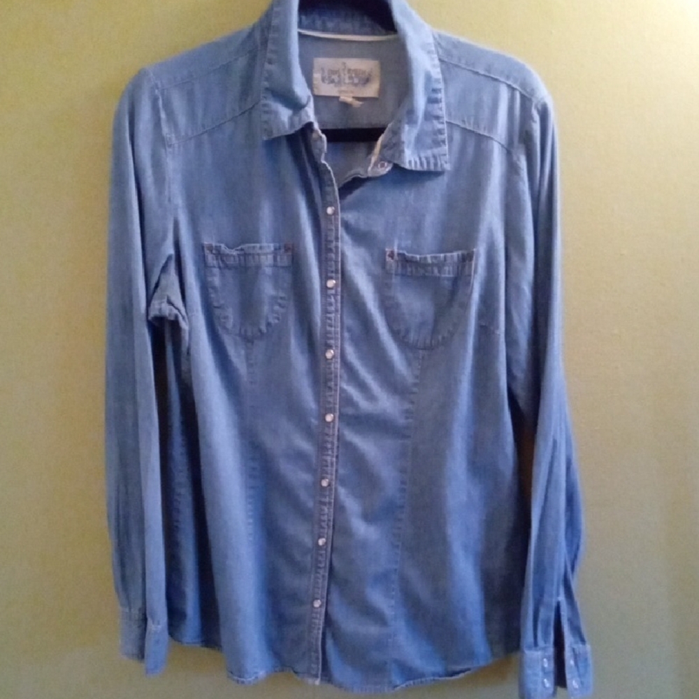 Girls XL Girl Krazy by Krazy Kat Blue Faux Denim Top Snap Front Pocketed Light